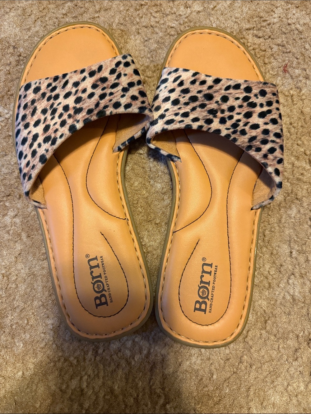 Born Leopard-Print Slide Sandals in Tan and Black